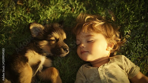 16. A toddler and a baby puppy lying on a grassy lawn, gazing at each other lovingly photo