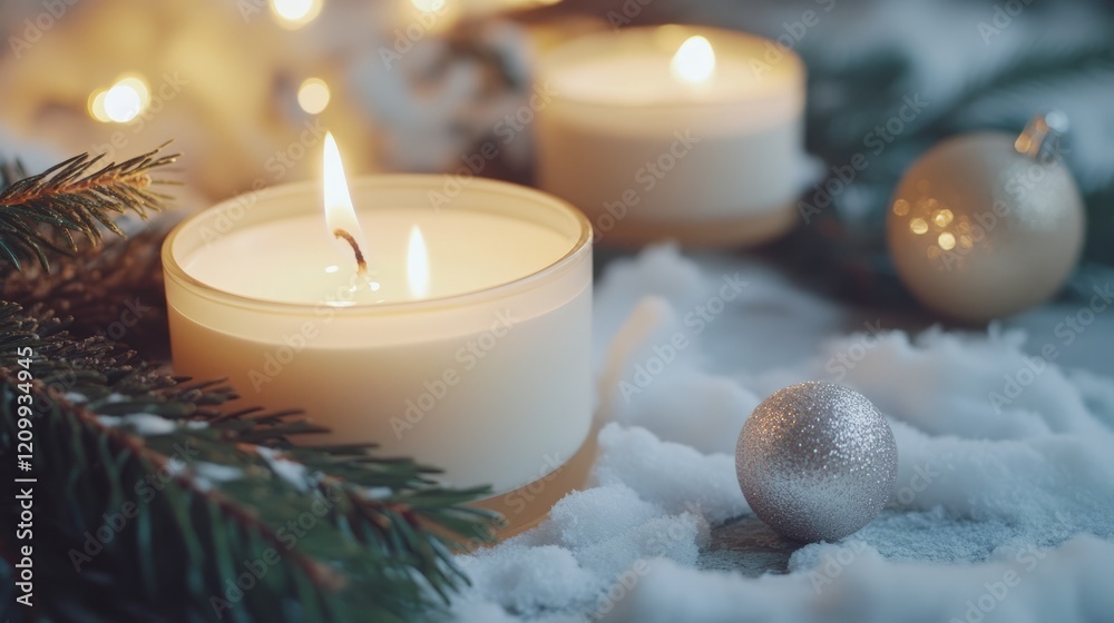 Close-up of festive holiday candles with pine branches and ornaments, soft warm light, peaceful and inviting, highly detailed, calm and natural, warm and vibrant, tranquil and beautiful atmosphere