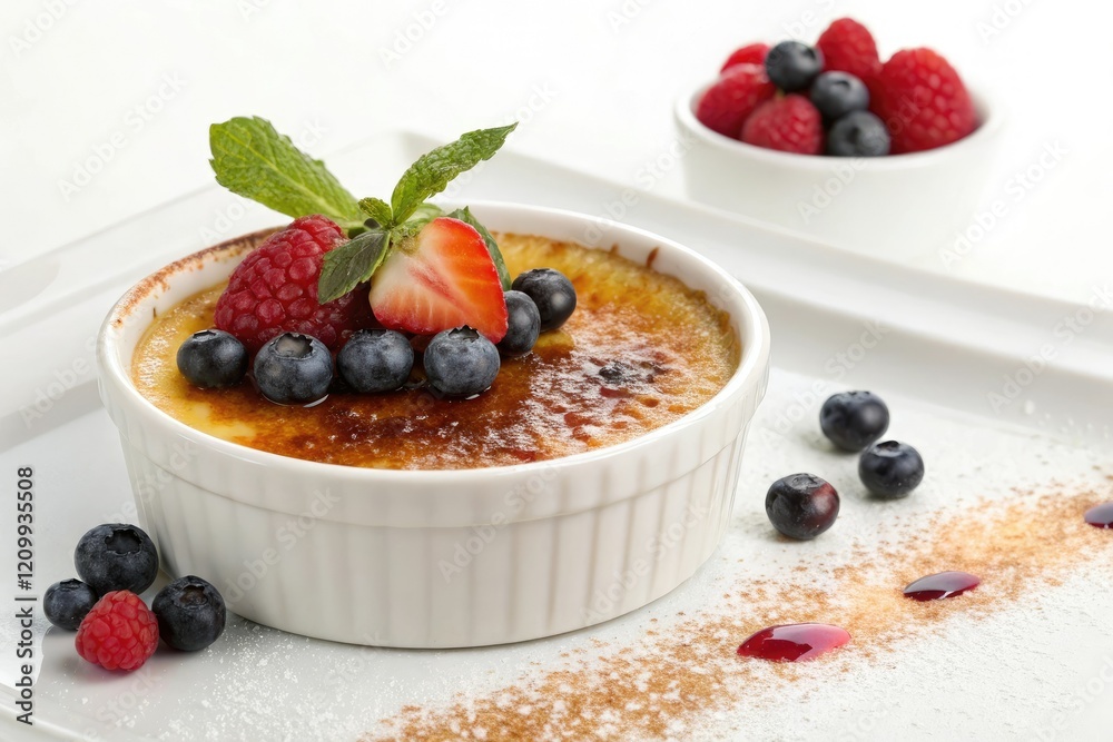 A classic creme brulee topped with a layer of caramelized sugar and garnished with fresh berries amidst a splash of milk, caramelized sugar, berry dessert, creme brulee A classic creme brulee topped with a layer of caramelized sugar and garnished with fresh berries amidst a splash of milk, caramelized sugar, berry dessert, creme brulee