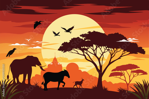 Animals silhouette in sunset at savanah