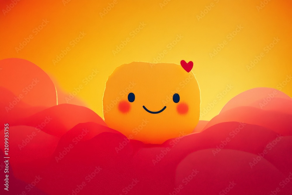 A cute smiling character, resembling the sun, floats with a heart symbol above, surrounded by vibrant orange and pink clouds, evoking warmth and happiness. A cute smiling character, resembling the sun, floats with a heart symbol above, surrounded by vibrant orange and pink clouds, evoking warmth and happiness.