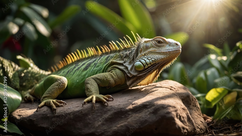 Fototapeta premium A green iguana resting on a rock amidst lush foliage, illuminated by sunlight.