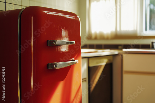 Retro red refrigerator in sunlit vintage kitchen interior with classic design photo