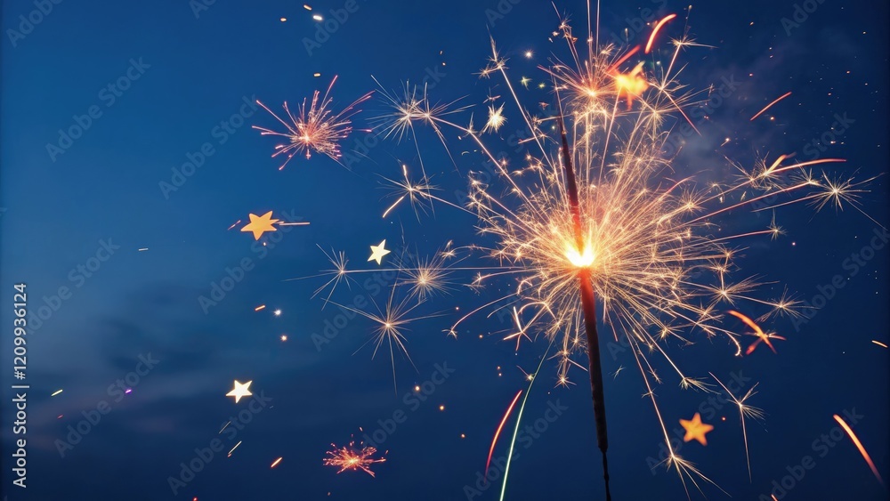 Fototapeta premium A burst of colorful sparks and stars exploding in the air on a dark blue background, design, motion, pattern, stars