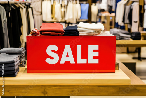Clothing store sale display with red sign and folded apparel on wooden table