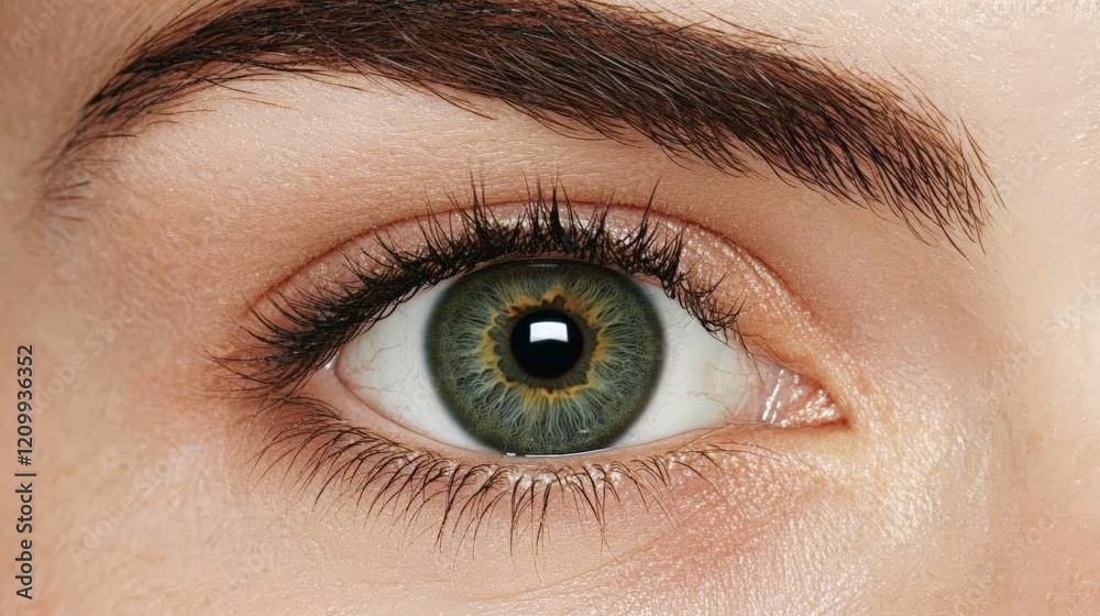 Obraz premium Intriguing Green Eye: Close-up shot of a captivating green eye, highlighting the intricate details and alluring depth of the iris. A perfect image for illustrating concepts of beauty, vision.