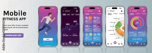 A sleek fitness app interface template featuring responsive design elements, including dashboards, charts, and statistics. Perfect for tracking health, weekly progress, and sports activities