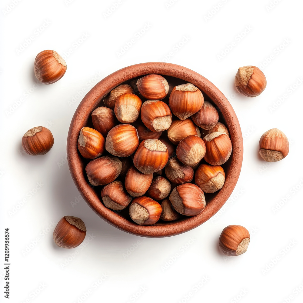 Fototapeta premium small terracotta bowl filled with hazelnuts, surrounded by scattered nuts, showcases their rich brown color and texture. This evokes sense of natural abundance and healthy snacking