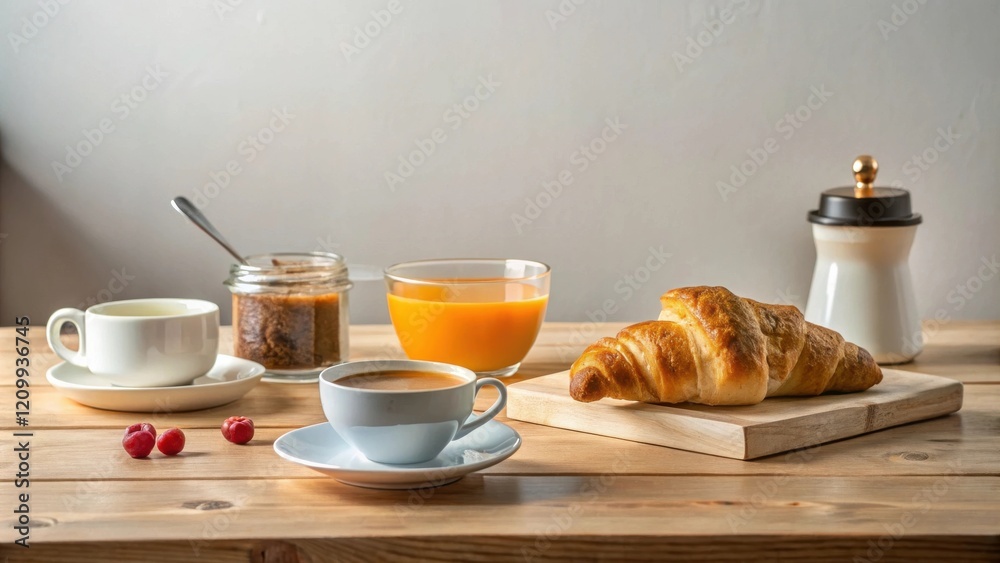 A delightful breakfast scene featuring coffee, orange juice, a croissant, and preserves on a wooden table A delightful breakfast scene featuring coffee, orange juice, a croissant, and preserves on a wooden table