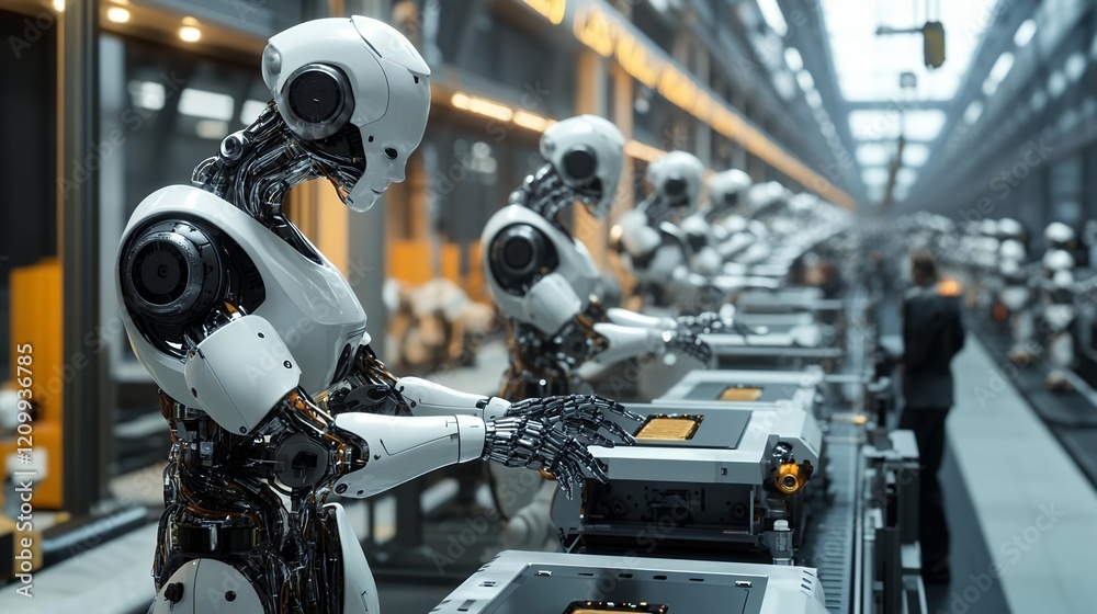 Fototapeta premium Robots on Assembly Line Automation Manufacturing Industry