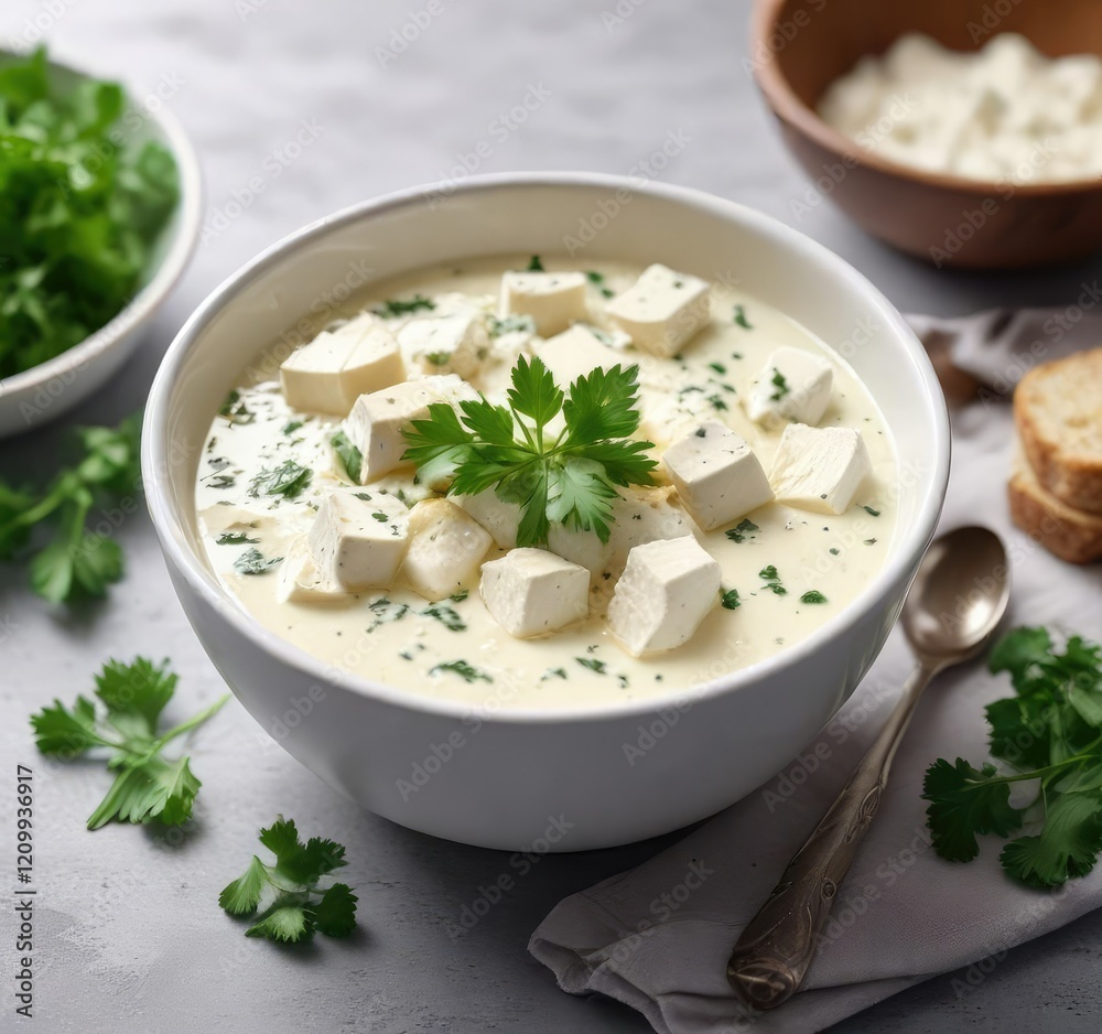 A bowl of chilled paneer in yogurt with a few fresh cilantro leaves on top, panneer, paneer, yogurt