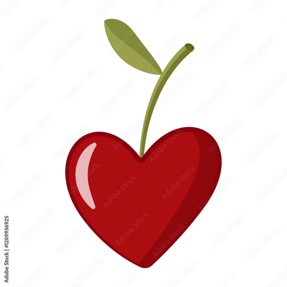Obraz premium Cute heart shaped red cherry doodle style. Hand drawn Trendy flat style cartoon isolated icon. Bright cherry fruit for poster, T-shirt Print, Valentine’s Day Greeting Card. Vector illustration