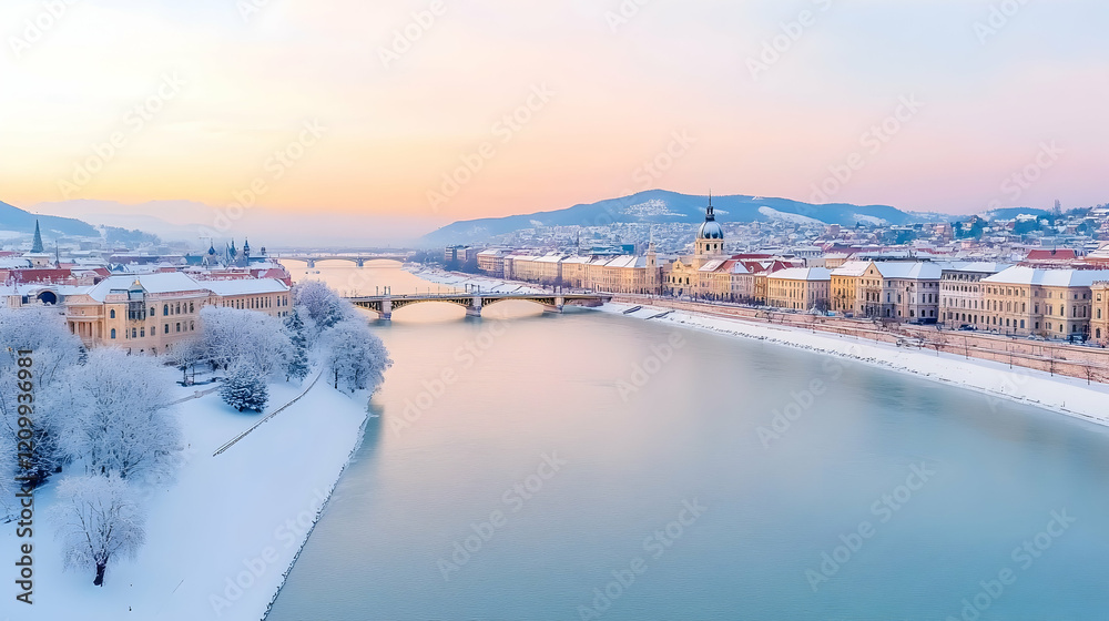 Obraz premium Amazing view from above of Budapest, Hungary in Winter during daytime.