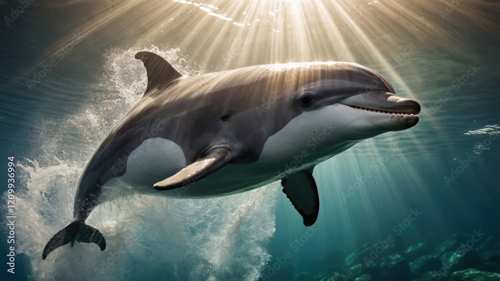 Obraz premium A dolphin swimming gracefully underwater, illuminated by sunlight.