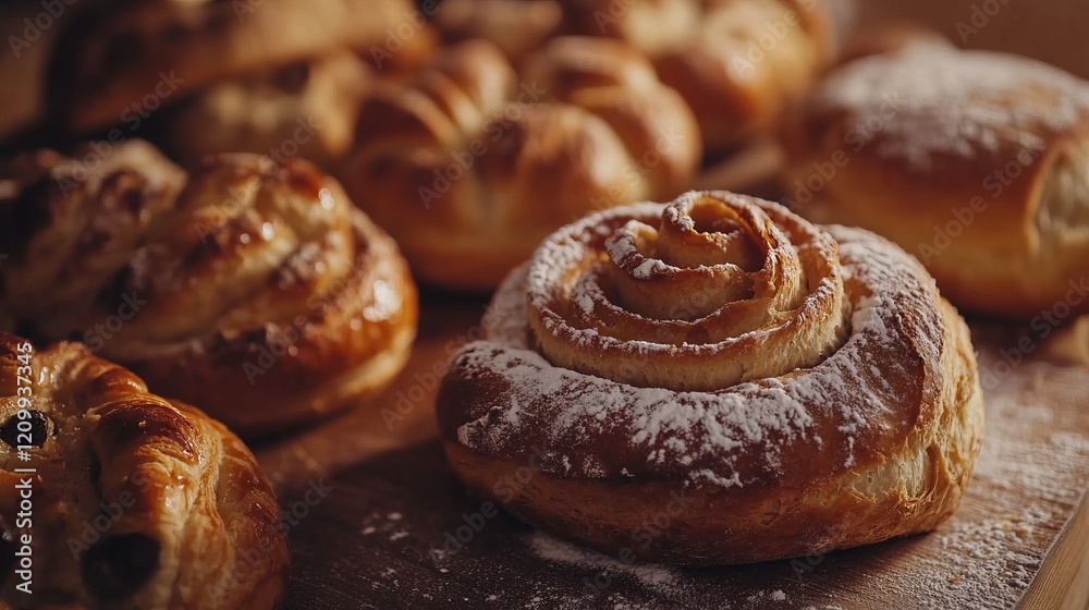 Close-up of fresh bread and pastries on a rustic wooden table, soft warm light, highly detailed, peaceful and inviting, calm and natural, festive and beautiful