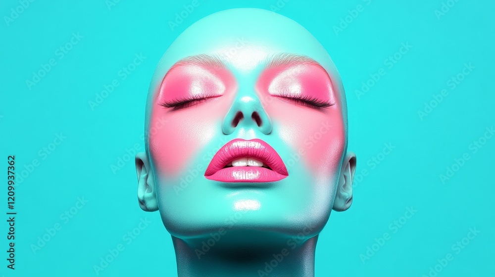 Serene Aqua Beauty: Close-up portrait of a model with vibrant, aqua-toned skin and soft pink makeup, eyes closed in peaceful serenity against a turquoise backdrop. Serene Aqua Beauty: Close-up portrait of a model with vibrant, aqua-toned skin and soft pink makeup, eyes closed in peaceful serenity against a turquoise backdrop.