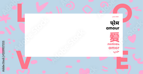 Playful Valentine's Day banner with pastel blue and pink tones, scattered heart doodles, and multilingual text for a fun and whimsical style.