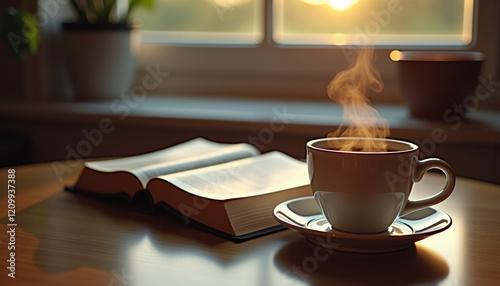 Cozy Holy Bible with a steaming cup of coffee beside it on a wooden table near a window in soft morning light