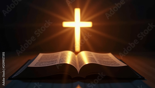 Dramatic Holy Bible glowing softly with a radiant cross shining in the background and focused light