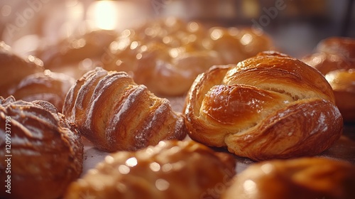 Close-up of fresh bread and pastries, warm and inviting, highly detailed, soft natural light, rustic and delicious, bright background