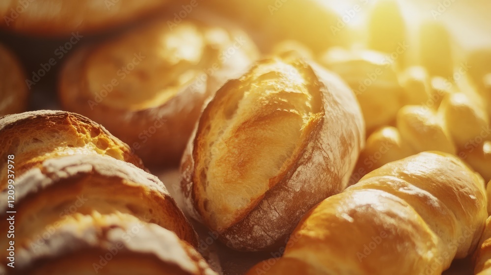 Close-up of fresh bread and pastries, warm and inviting, highly detailed, soft natural light, rustic and delicious, bright background Close-up of fresh bread and pastries, warm and inviting, highly detailed, soft natural light, rustic and delicious, bright background