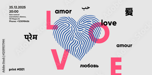 Romantic Valentine's Day banner with fingerprint-inspired heart artwork, vibrant text, and multilingual greetings for a modern love celebration.
