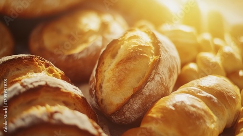 Close-up of fresh bread and pastries, warm and inviting, highly detailed, soft natural light, rustic and delicious, bright background