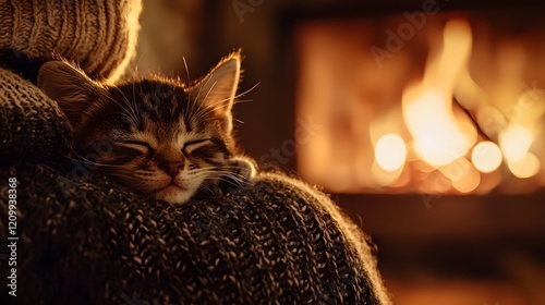 47. A kitten resting its head on a human s shoulder as they sit by a cozy fireplace photo