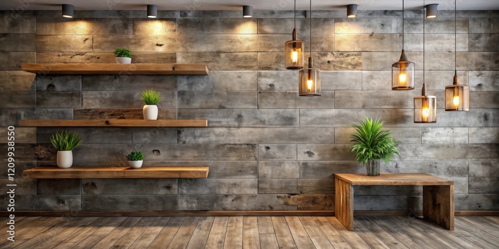 Modern Minimalist Interior Design with Wooden Shelves and Pendant Lights Modern Minimalist Interior Design with Wooden Shelves and Pendant Lights