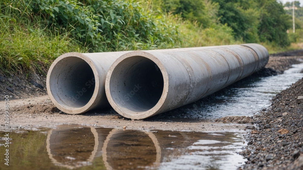 two large concrete pipes lying on the ground, surrounded by lush green grass and reflecting in the water. The calm, industrial landscape two large concrete pipes lying on the ground, surrounded by lush green grass and reflecting in the water. The calm, industrial landscape