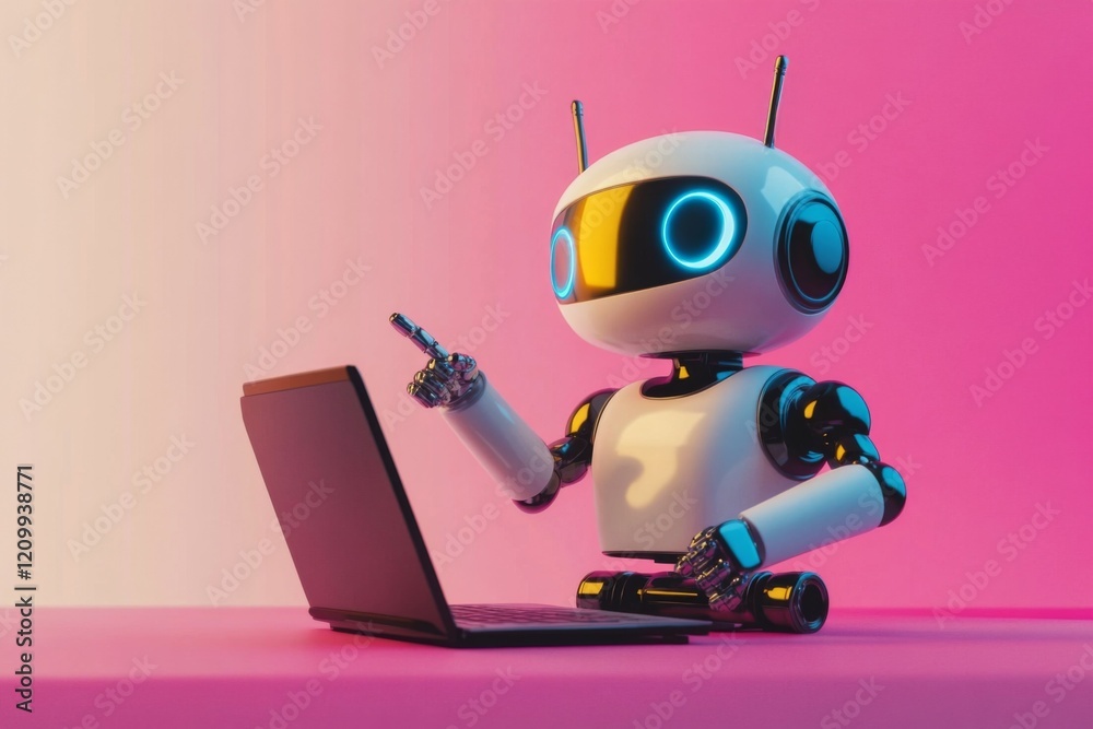 Robot Using Laptop on Pink Background Robot Using Laptop on Pink Background