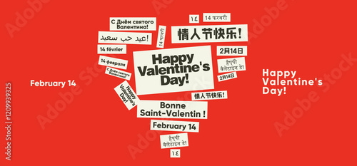 A bold red Valentine's Day poster with multilingual greetings forming a collage-style heart for a vibrant, festive celebration.