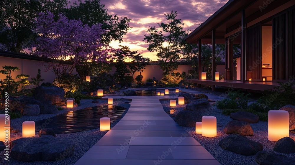 Obraz premium Zen garden , a peaceful scene illuminated a spiritual evening ritual 