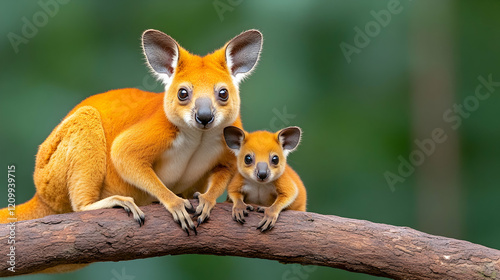 Beautiful  tree kangaroo sitting on a tree branch with her baby  photo