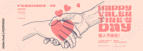 A minimalist Valentine's Day banner with hand-drawn hands and hearts, including multilingual greetings in various global languages on a peach background.