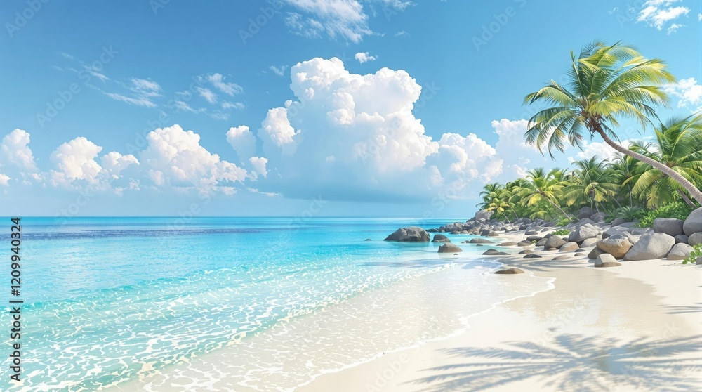 Fototapeta premium A peaceful scene of a calm sea lapping gently at the shore of a pristine white sand beach with clear blue waters on a sunny summer day., warm weather, pristine white sand, natural beauty