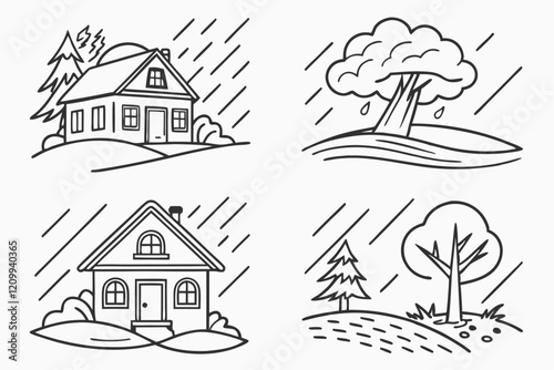 Hand-Drawn Disaster Illustration Set: Contour Sketches of Natural Calamities like Sandstorms, Droughts, and Heavy Rain