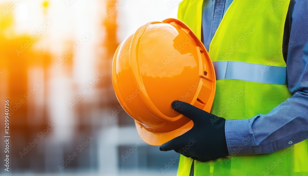 Close-up of Construction Worker Holding an Orange Hard Hat