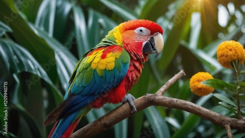A vibrant parrot perched on a branch amidst lush greenery and bright flowers.