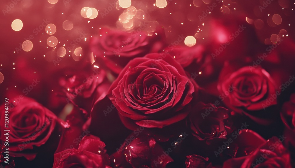 Close-up of Red Roses with Golden Glitter, Romantic Valentine's Day Floral Background