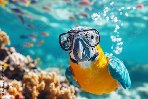 A small parrot dives into a vibrant coral reef, wearing a colorful snorkeling mask. The clear water reveals fish swimming nearby, showcasing an underwater paradise photo