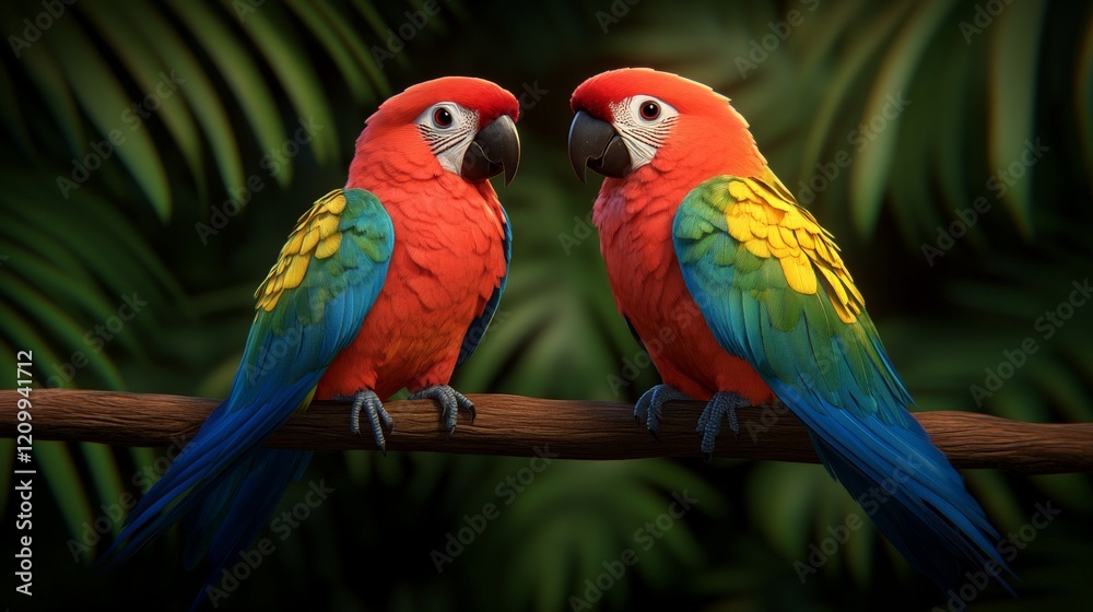 Parrot Pair in Tropical Paradise: A vibrant scarlet macaw pair perched on a branch in a lush tropical jungle. Parrot Pair in Tropical Paradise: A vibrant scarlet macaw pair perched on a branch in a lush tropical jungle.
