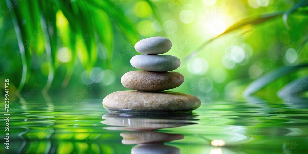 Serene Stacked Stones Reflecting in Calm Water, Surrounded by Lush Green Foliage Serene Stacked Stones Reflecting in Calm Water, Surrounded by Lush Green Foliage