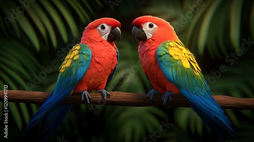 Parrot Pair in Tropical Paradise: A vibrant scarlet macaw pair perched on a branch in a lush tropical jungle.