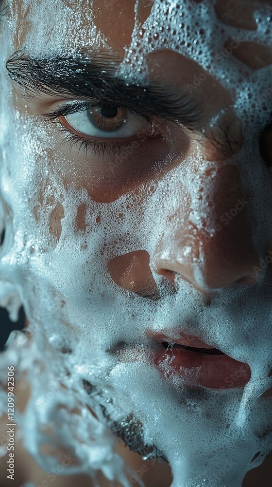 Obraz premium Close-up of a Man's Face Covered in Cleansing Foam