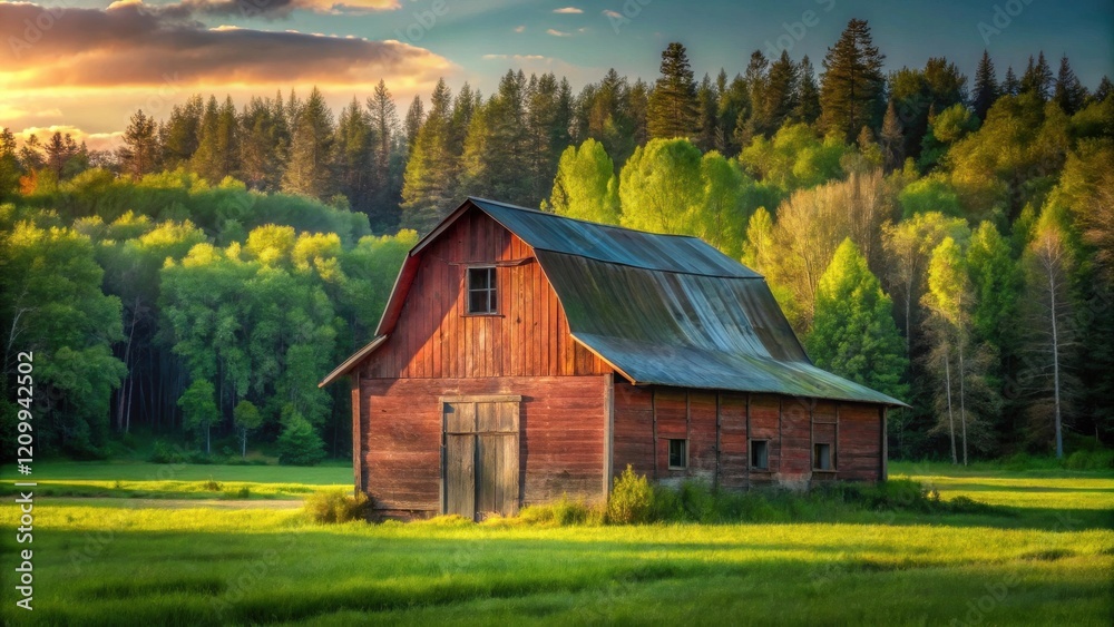 Rustic wooden barn in a sunlit field, surrounded by a lush green forest at sunset. Rustic wooden barn in a sunlit field, surrounded by a lush green forest at sunset.