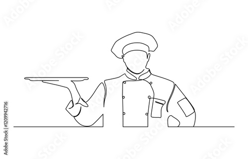 Continuous one line drawing of a chef is cooking in the kitchen, Continuous one line drawing of chef cooking with pan. Professional chef holds pan in single line draw vector illustration.