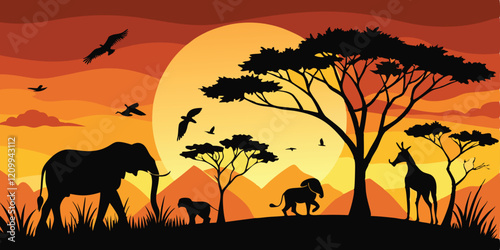 animals at sunset Silhouettes of wild animals of the African savannah