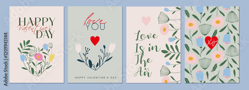 Happy Valentines Day cards set. Modern abstract art design with hearts and modern typography. Templates for celebration, ads, branding, banner, cover, label, poster, sales