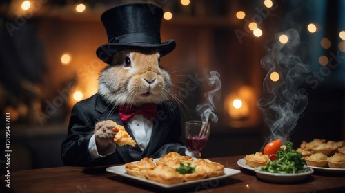 A rabbit in a tuxedo enjoys a fancy meal with wine, creating a whimsical dining scene. photo